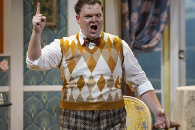 Door County Pulse photo of Dan Klarer in Jeeves Saves the Day. Photography by Larry Mohr.